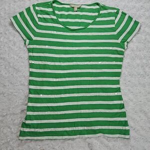 Sequin Tee Green and White Stripes Banana Republic Size Medium